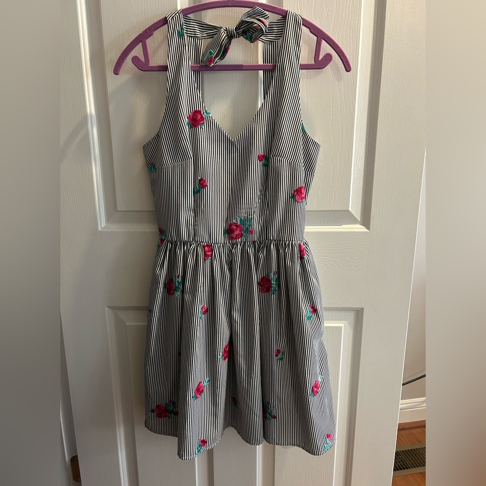 A. Byer Black and White Striped Dress with Pink Floral Accents